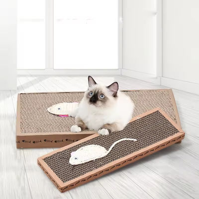 Eco Friendly Corrugated Cardboard Cat Scratcher with Fish Mouse Shape Decoration for Indoor Cats Play
