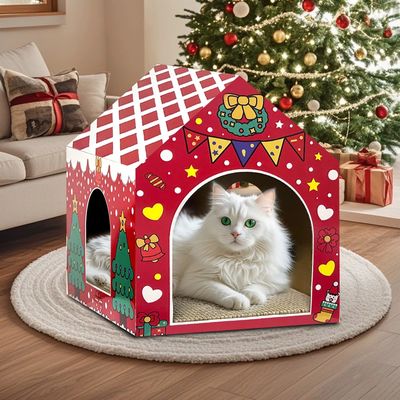 Cat Scratcher with House Christmas Cardboard Cats House Scratcher Playground for Indoor Cats