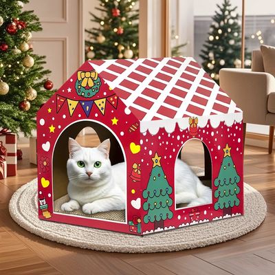 Cat Scratcher with House Christmas Cardboard Cats House Scratcher Playground for Indoor Cats