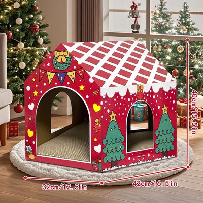 Cat Scratcher with House Christmas Cardboard Cats House Scratcher Playground for Indoor Cats
