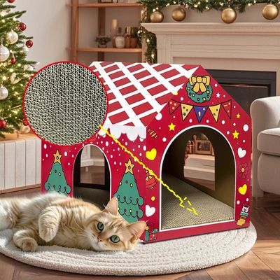 Cat Scratcher with House Christmas Cardboard Cats House Scratcher Playground for Indoor Cats